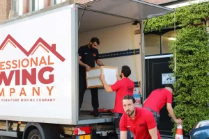 verhuizers van Professional Moving Company laden een kast uit een vrachtwagen, met drie medewerkers in rode shirts en één in zwart.